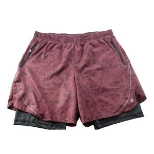 Hind Running Shorts Mens Large Red Geometric 2in1 Lined Zipper Pockets Athletic